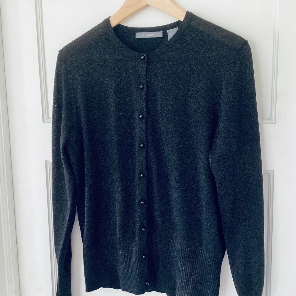 Liz Claiborne Black Metallic Cardigan Sheer Size L Career Elegant Event Evening